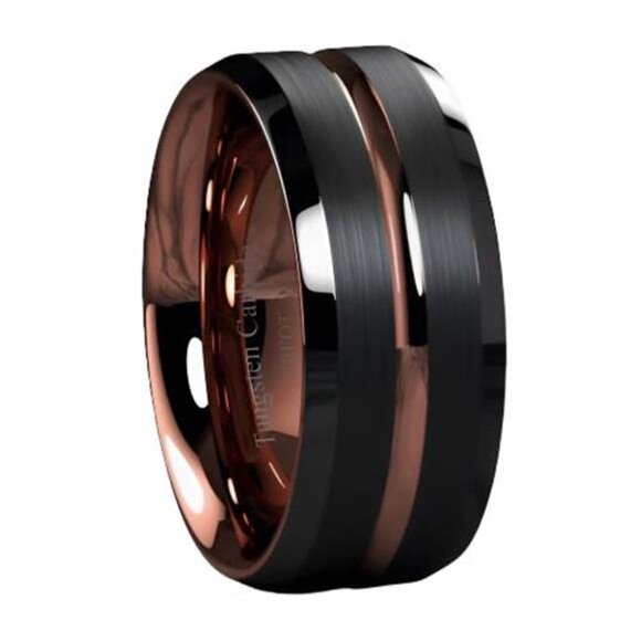 Men's Black Brushed Rose Gold Wedding Band Ring - Men's Wedding Rings - Picture 1 of 9
